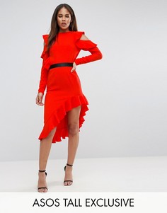 Платье из крепа с открытыми плечами и асимметричным краем ASOS TALL - Красный