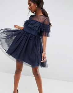 Платье мини из тюля с оборками ASOS - Темно-синий
