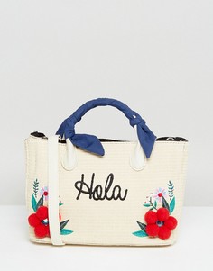 Соломенная сумка-тоут с цветами и помпонами Skinnydip - Бежевый