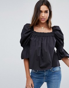Топ с квадратным вырезом и пышными рукавами из ткани с добавлением хлопка ASOS - Черный