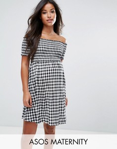 Клетчатое платье с открытыми плечами и присборенной отделкой ASOS Maternity - Мульти