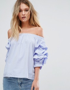 Топ с длинным рукавом из поплина с широким вырезом New Look - Синий