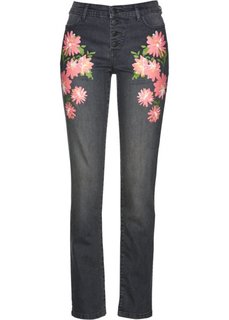 Стрейтчевые джинсы с цветочным принтом (серый деним) Bonprix