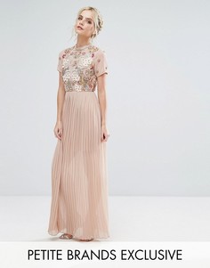 Платье макси с топом с вышивкой и плиссированной юбкой Frock And Frill Petite Premium - Бежевый