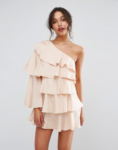 Платье мини на одно плечо с оборками Boohoo - Бежевый