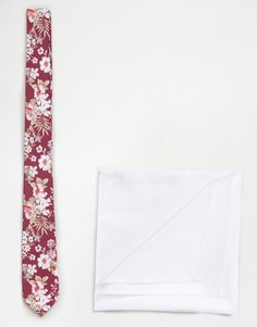 Розовый галстук с цветочным принтом в комплекте с белым платком-паше ASOS - Розовый