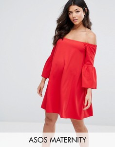 Платье со спущенными плечами и пышными рукавами ASOS Maternity - Красный