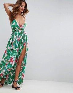 Пляжное платье макси с запахом и тропическим принтом ASOS Miami - Мульти
