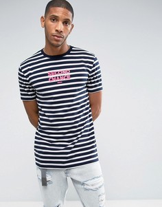 Удлиненная футболка в полоску с принтом на груди ASOS - Темно-синий
