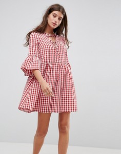 Свободное платье в клеточку со шнуровкой и рукавами клеш ASOS - Мульти
