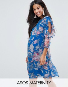 Синее платье с оборками и цветочным принтом ASOS Maternity - Синий