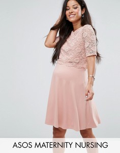 Короткое приталенное платье в два слоя с кружевом ASOS Maternity NURSING - Розовый