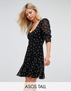 Сетчатое платье мини с запахом и мелким цветочным принтом ASOS TALL - Черный