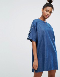 Джинсовое платье с цветочной аппликацией на рукавах Ziztar - Синий