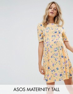 Желтое чайное платье с цветочным принтом в стиле 40-х ASOS Maternity TALL - Желтый