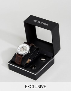 Подарочный набор из часов с кожаным ремешком и запонок Sekonda - Коричневый