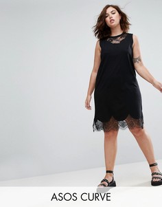 Платье-футболка без рукавов с кружевными вставками ASOS CURVE - Черный
