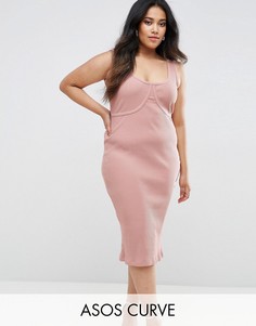 Облегающее платье миди в рубчик без рукавов с декоративными швами ASOS CURVE - Бежевый