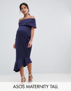 Платье миди на одно плечо с оборкой по нижнему краю ASOS Maternity TALL - Темно-синий