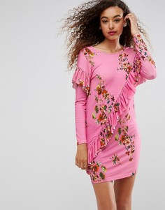 Платье-футболка с оборкой и цветочным принтом ASOS - Мульти