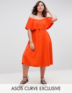 Платье миди с открытыми плечами и оборкой ASOS CURVE - Оранжевый