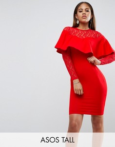 Облегающее платье мини с кружевными вставками и рюшами ASOS TALL - Красный