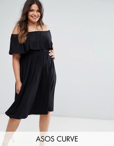 Платье миди с открытыми плечами и оборкой ASOS CURVE - Черный