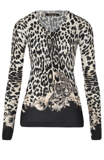 Облегающий пуловер с леопардовым принтом и V-образным вырезом Roberto Cavalli