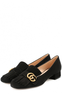 Замшевые туфли Marmont с бахромой и пряжкой Gucci