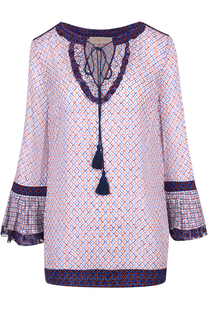 Удлиненная шелковая блуза с кулиской и контрастным принтом Tory Burch
