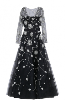 Приталенное платье-макси с длинным рукавом и контрастной вышивкой Oscar de la Renta