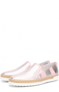 Слипоны из металлизировнной кожи с джутовым рантом Tod’s Tods