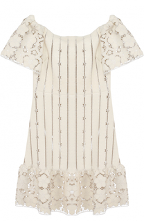 Кожаное платье с перфорацией и открытыми плечами Valentino
