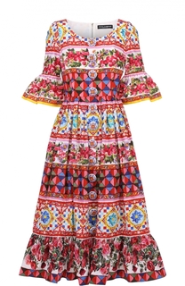 Приталенное платье с ярким принтом и расклешенными рукавами Dolce &amp; Gabbana