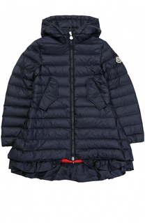 Стеганое пуховое пальто с капюшоном и оборкой Moncler Enfant