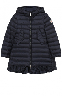 Стеганое пуховое пальто с капюшоном и оборкой Moncler Enfant