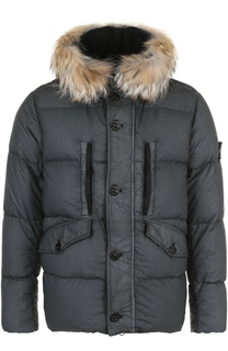 Стеганый пуховик на молнии с меховой отделкой капюшона Stone Island