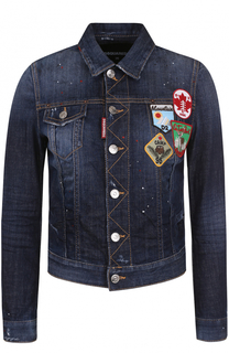 Джинсовая куртка с потертостями и нашивками Dsquared2