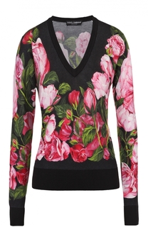 Кашемировый пуловер с V-образным вырезом и цветочным принтом Dolce &amp; Gabbana