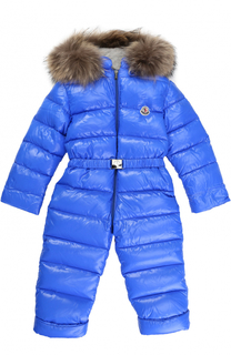 Пуховый комбинезон с капюшоном и меховой отделкой Moncler Enfant