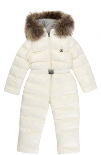 Пуховый комбинезон с капюшоном и меховой отделкой Moncler Enfant