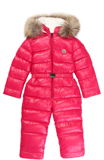 Пуховый комбинезон с капюшоном и меховой отделкой Moncler Enfant