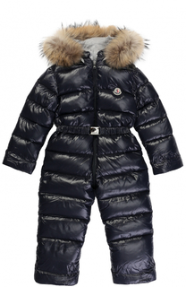 Пуховый комбинезон с капюшоном и меховой отделкой Moncler Enfant