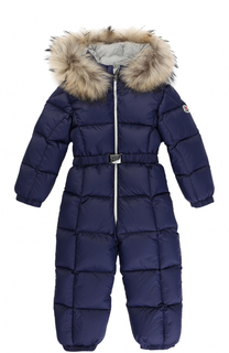 Пуховый комбинезон с капюшоном и меховой отделкой Moncler Enfant