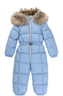 Пуховый комбинезон с капюшоном и меховой отделкой Moncler Enfant