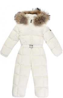 Пуховый комбинезон с капюшоном и меховой отделкой Moncler Enfant