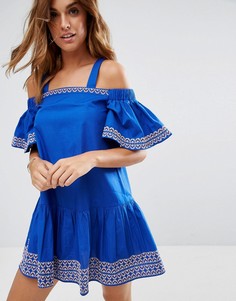 Платье мини с вырезами на плечах и вышивкой ASOS - Синий