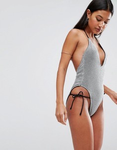 Серебристый слитный купальник с отделкой под кольчугу ASOS - Серебряный