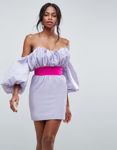 Платье мини с пышными рукавами и поясом ASOS - Фиолетовый
