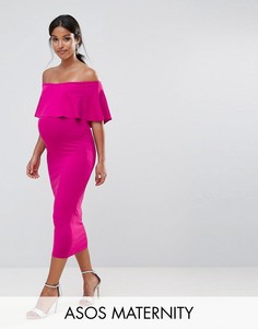 Платье-футляр миди с открытыми плечами и оборкой ASOS Maternity - Розовый